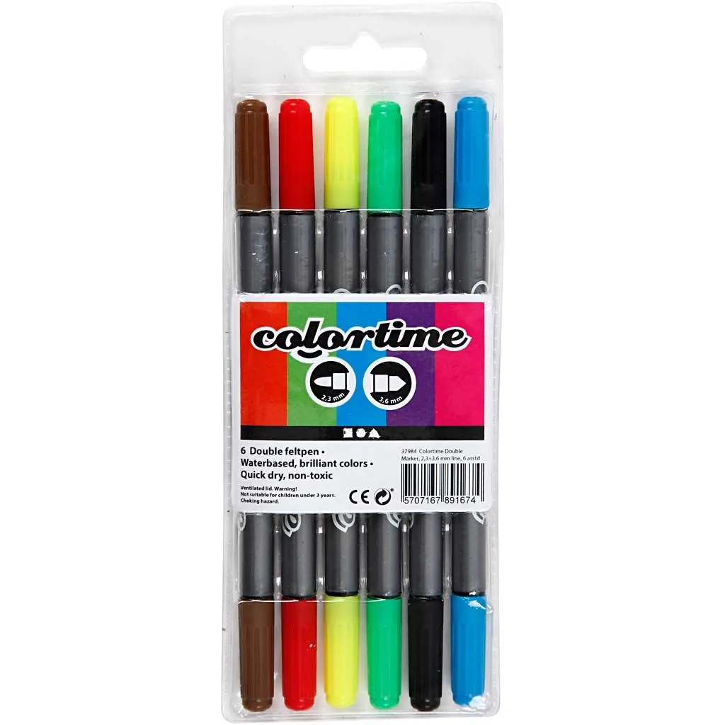 Colortime Dobbelt Tusch, stregtykkelse: 2,3+3,6 mm, 6 stk., ass. farver - Billede 2